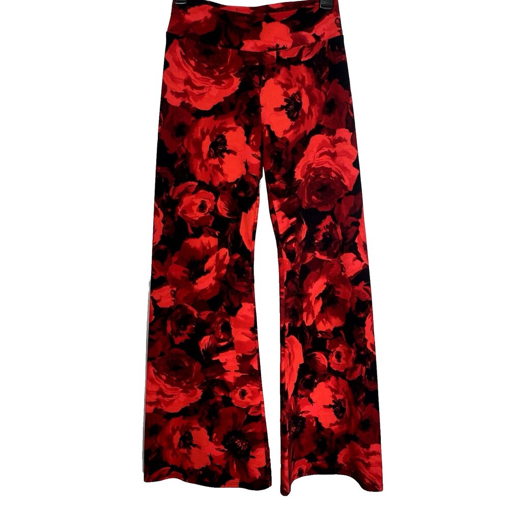 Vamp Wide Leg Flare Pants Floral Pull On Stretch Flat Front Women S Red Black